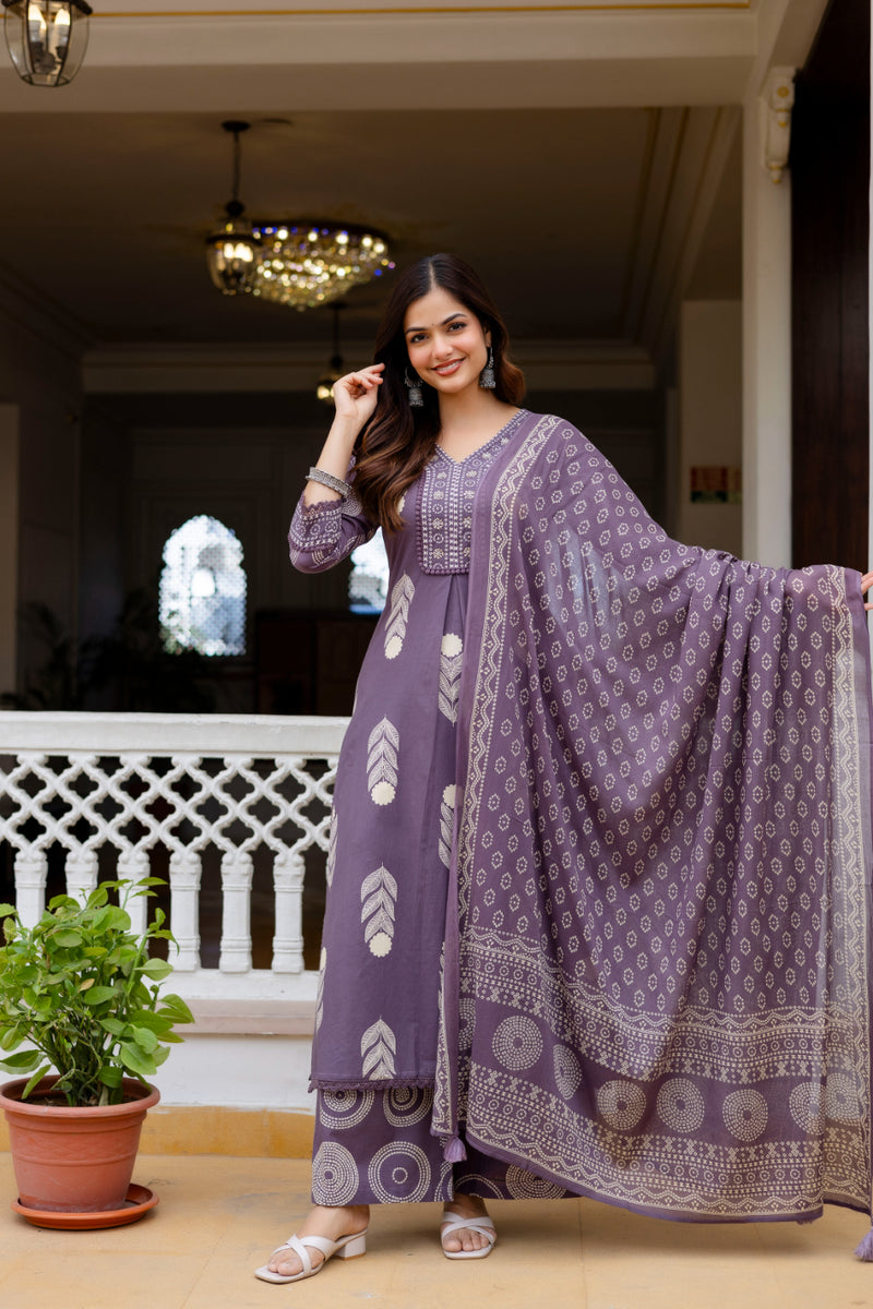 Cotton Aari work Kurta with Palazzo & Dupatta