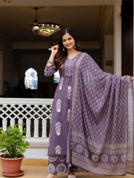 Cotton Aari work Kurta with Palazzo & Dupatta