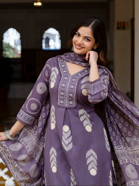 Cotton Aari work Kurta with Palazzo & Dupatta