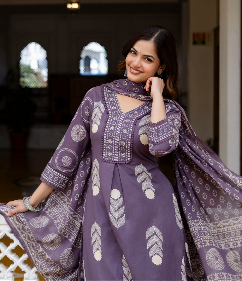 Cotton Aari work Kurta with Palazzo & Dupatta