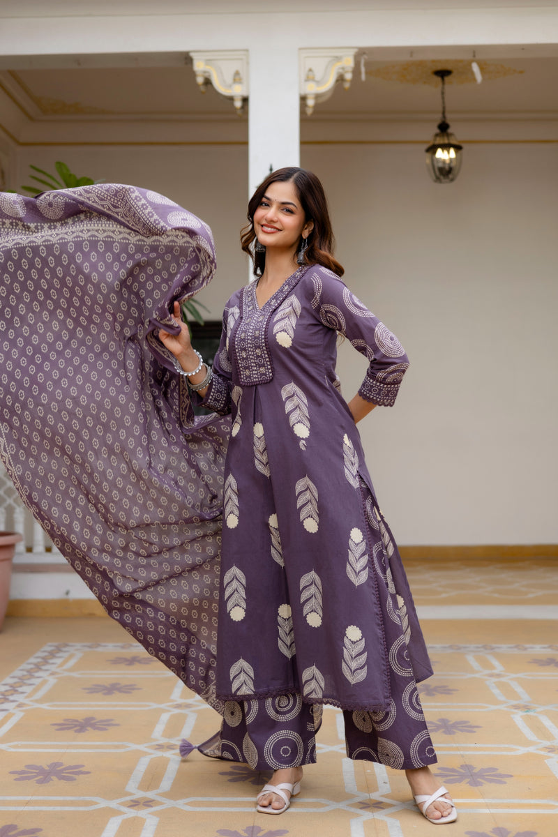 Cotton Aari work Kurta with Palazzo & Dupatta
