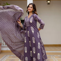 Cotton Aari work Kurta with Palazzo & Dupatta