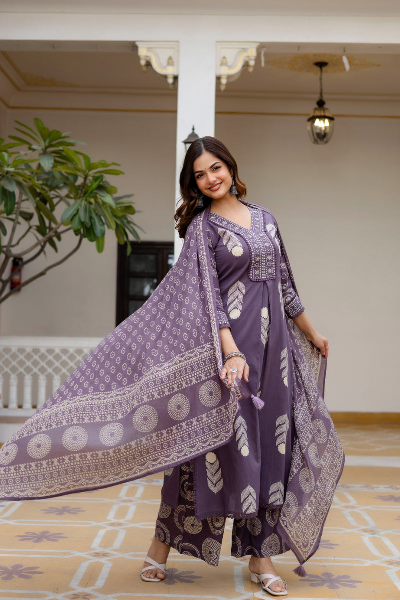 Cotton Aari work Kurta with Palazzo & Dupatta