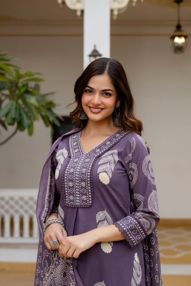 Cotton Aari work Kurta with Palazzo & Dupatta