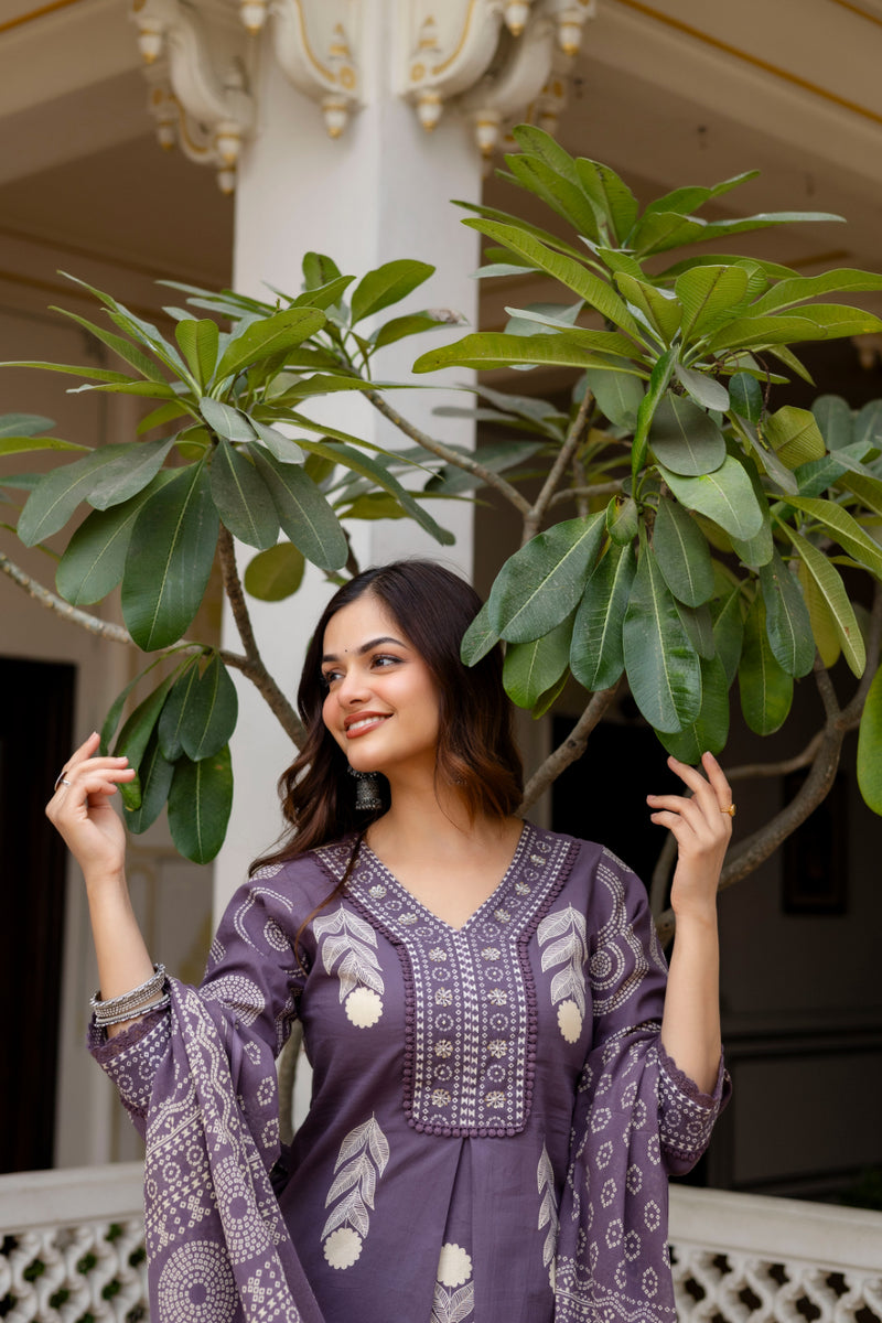 Cotton Aari work Kurta with Palazzo & Dupatta