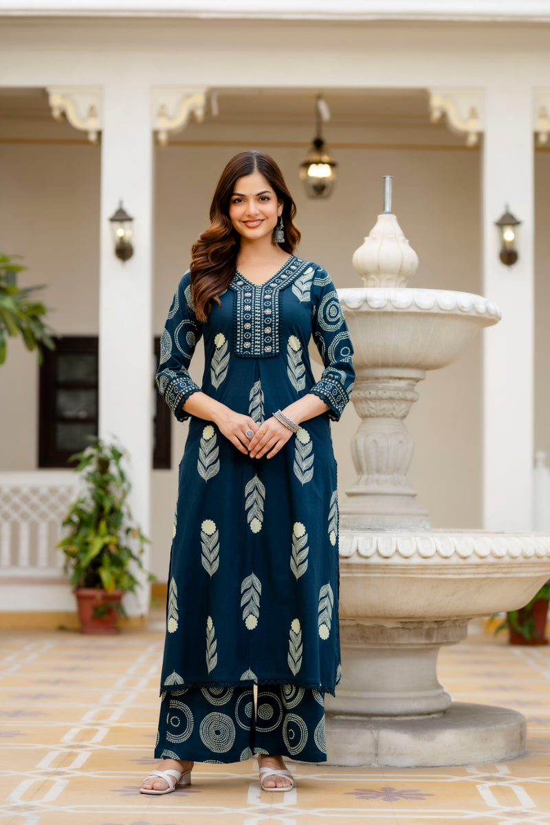 Cotton Aari work Kurta with Palazzo & Dupatta