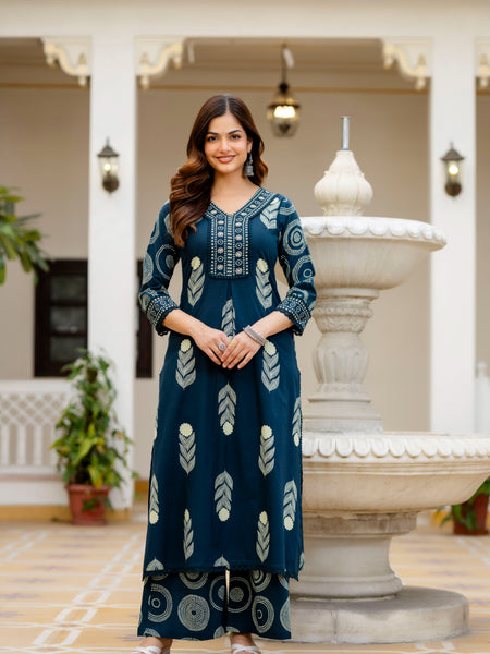 Cotton Aari work Kurta with Palazzo & Dupatta