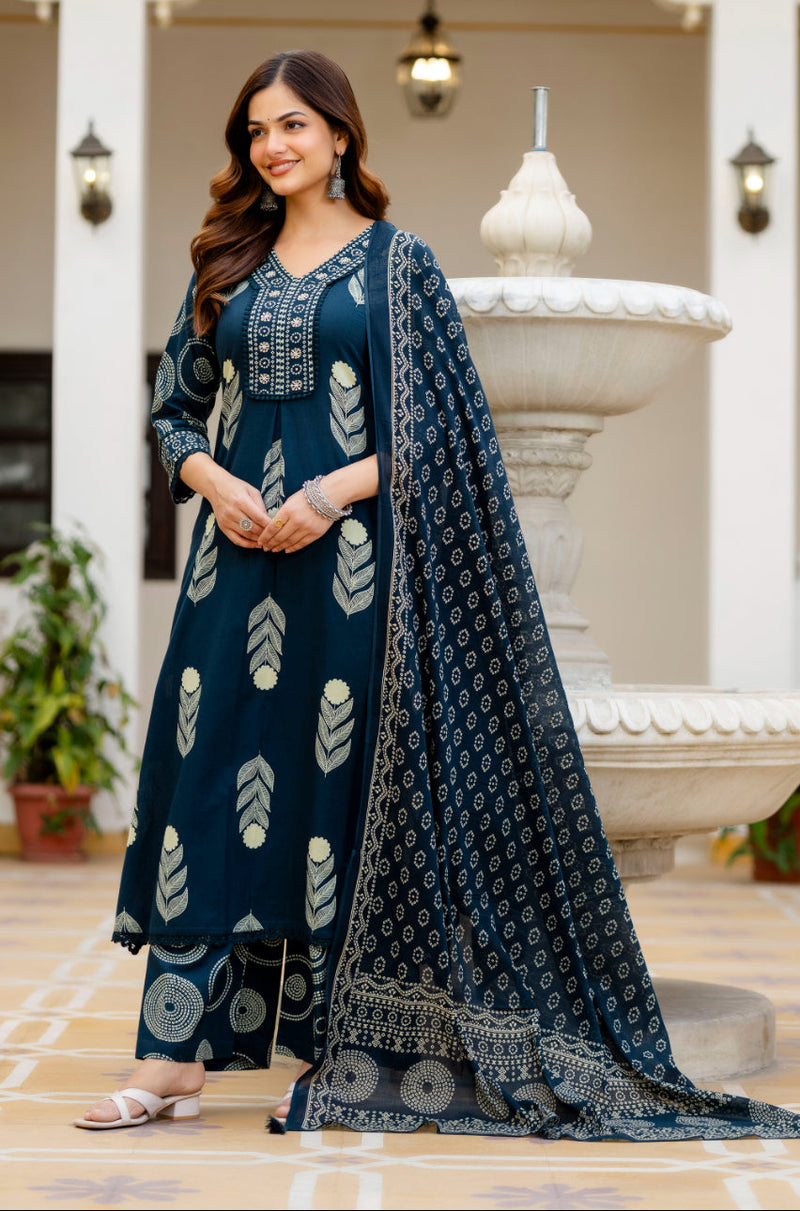 Cotton Aari work Kurta with Palazzo & Dupatta