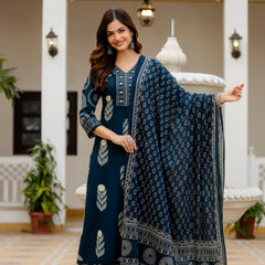 Cotton Aari work Kurta with Palazzo & Dupatta