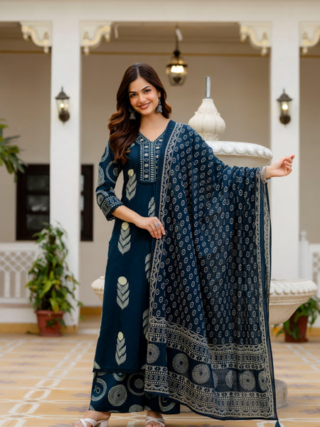 Cotton Aari work Kurta with Palazzo & Dupatta