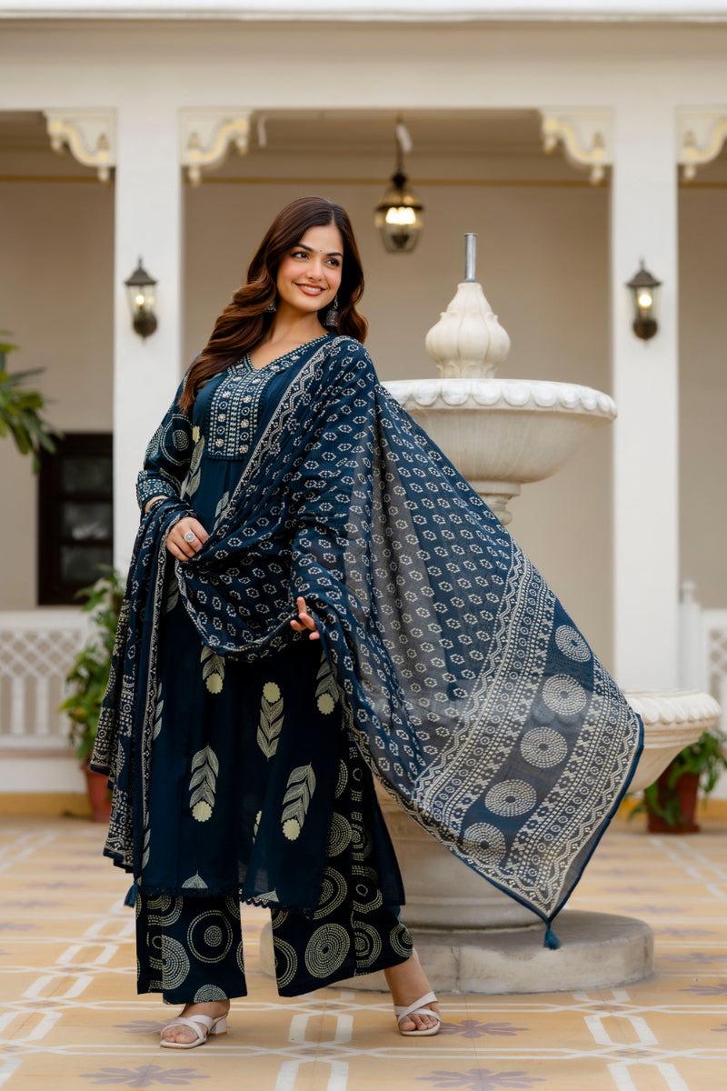 Cotton Aari work Kurta with Palazzo & Dupatta