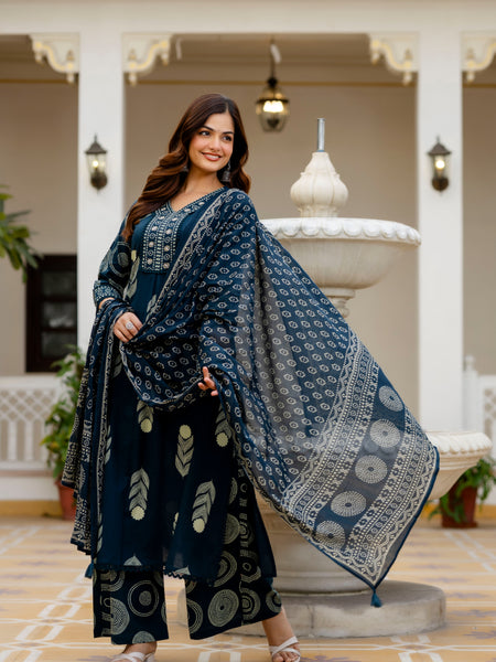 Cotton Aari work Kurta with Palazzo & Dupatta