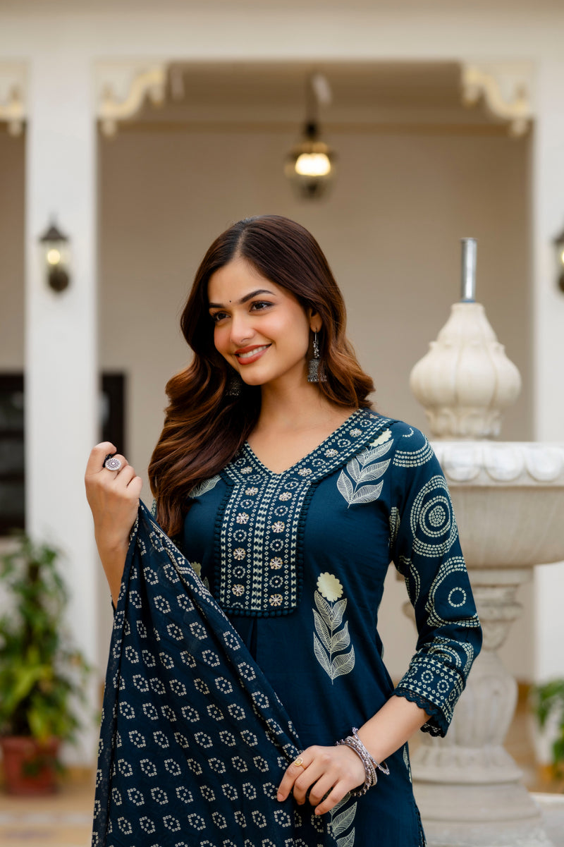 Cotton Aari work Kurta with Palazzo & Dupatta