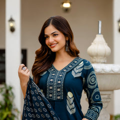 Cotton Aari work Kurta with Palazzo & Dupatta