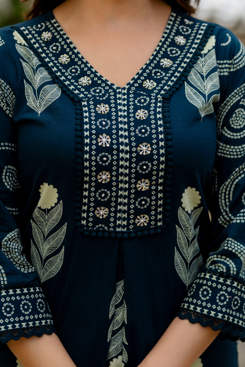 Cotton Aari work Kurta with Palazzo & Dupatta