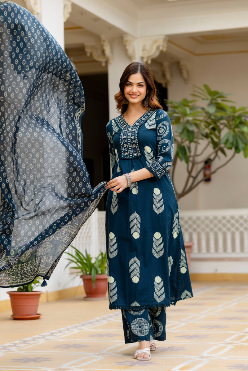 Cotton Aari work Kurta with Palazzo & Dupatta