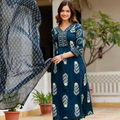 Cotton Aari work Kurta with Palazzo & Dupatta
