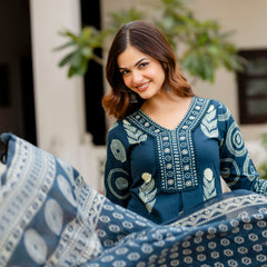 Cotton Aari work Kurta with Palazzo & Dupatta