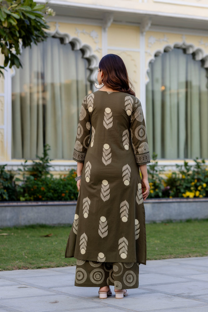 Cotton Aari work Kurta with Palazzo & Dupatta
