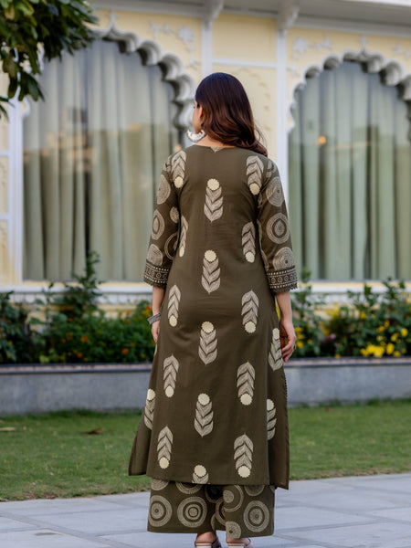 Cotton Aari work Kurta with Palazzo & Dupatta