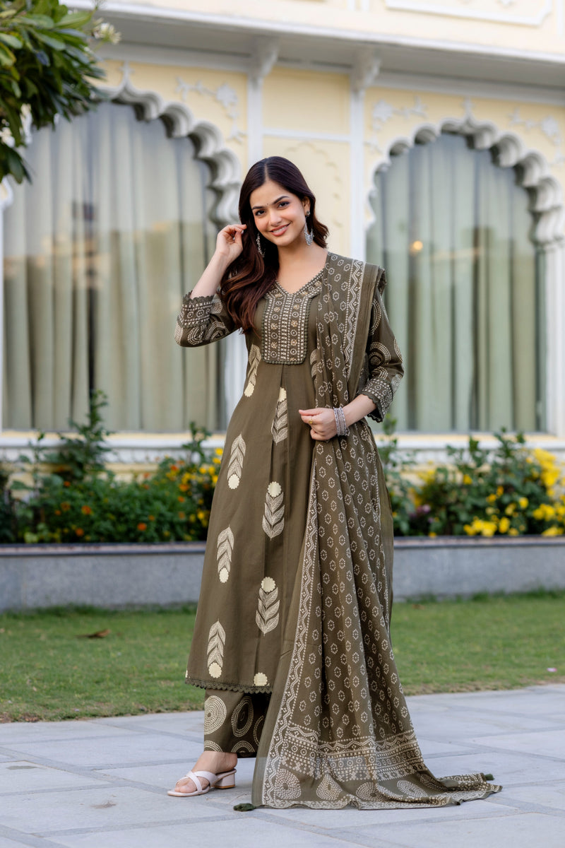 Cotton Aari work Kurta with Palazzo & Dupatta