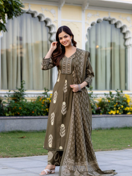 Cotton Aari work Kurta with Palazzo & Dupatta