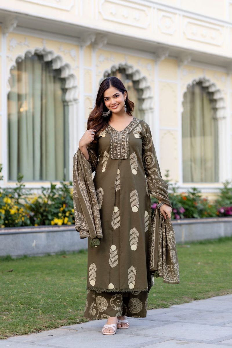 Cotton Aari work Kurta with Palazzo & Dupatta