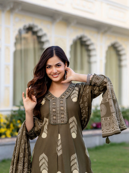 Cotton Aari work Kurta with Palazzo & Dupatta