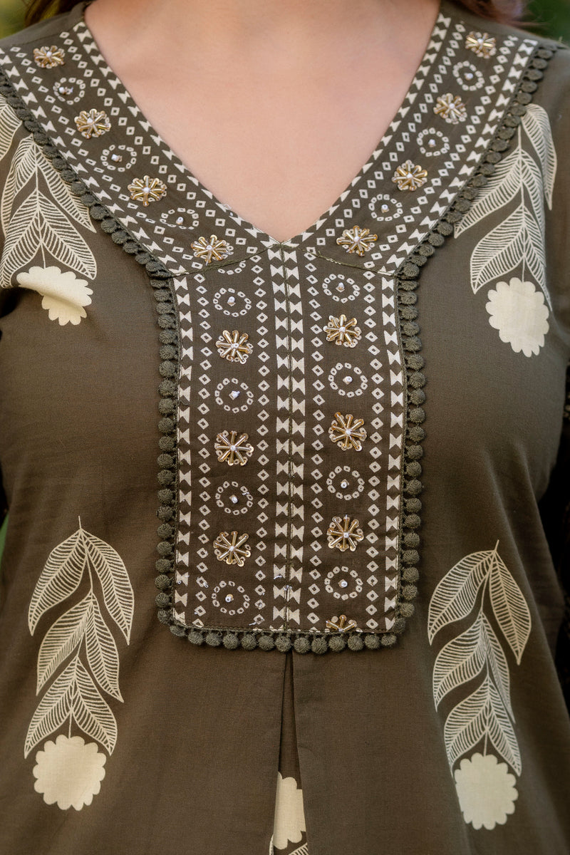 Cotton Aari work Kurta with Palazzo & Dupatta