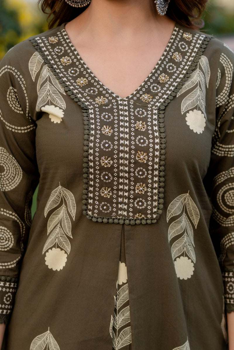 Cotton Aari work Kurta with Palazzo & Dupatta
