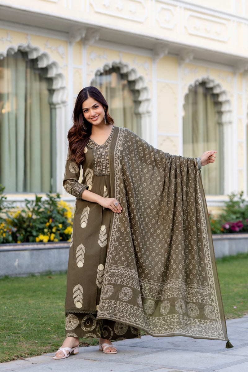 Cotton Aari work Kurta with Palazzo & Dupatta
