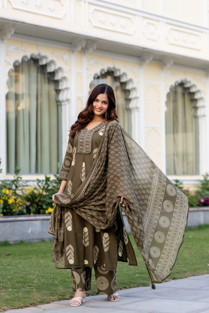 Cotton Aari work Kurta with Palazzo & Dupatta