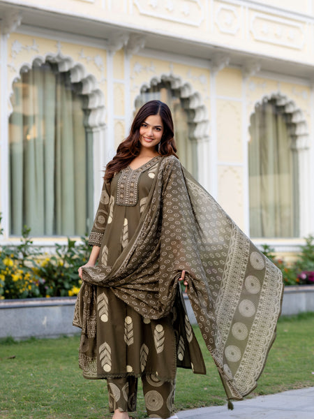 Cotton Aari work Kurta with Palazzo & Dupatta