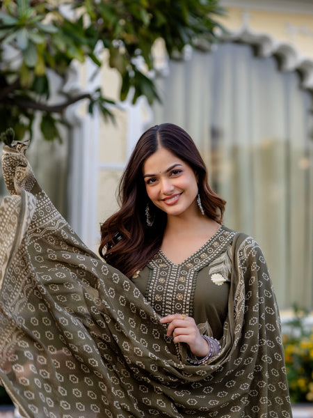 Cotton Aari work Kurta with Palazzo & Dupatta