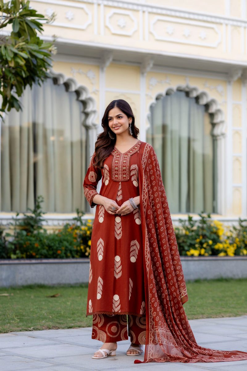 Cotton Aari work Kurta with Palazzo & Dupatta