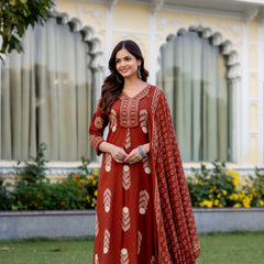 Cotton Aari work Kurta with Palazzo & Dupatta