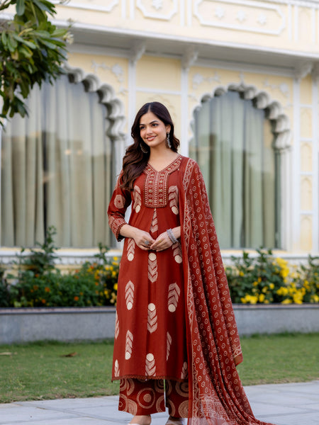 Cotton Aari work Kurta with Palazzo & Dupatta
