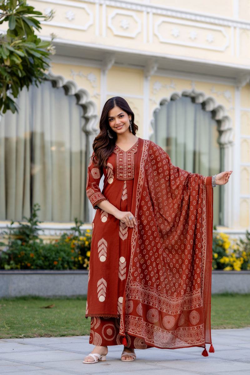 Cotton Aari work Kurta with Palazzo & Dupatta