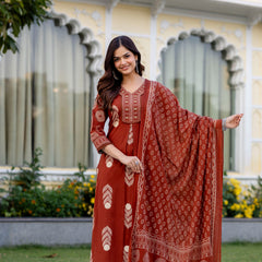 Cotton Aari work Kurta with Palazzo & Dupatta