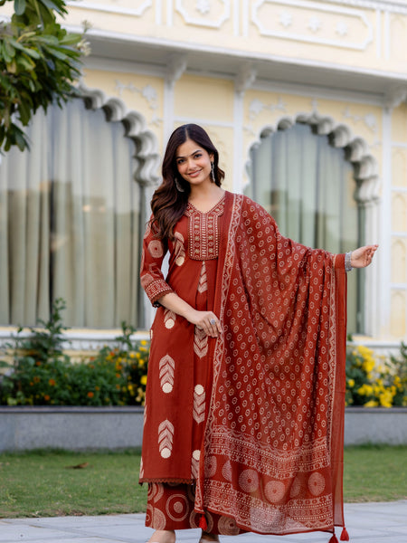 Cotton Aari work Kurta with Palazzo & Dupatta
