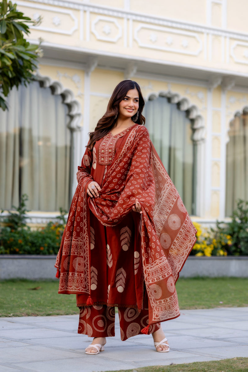 Cotton Aari work Kurta with Palazzo & Dupatta