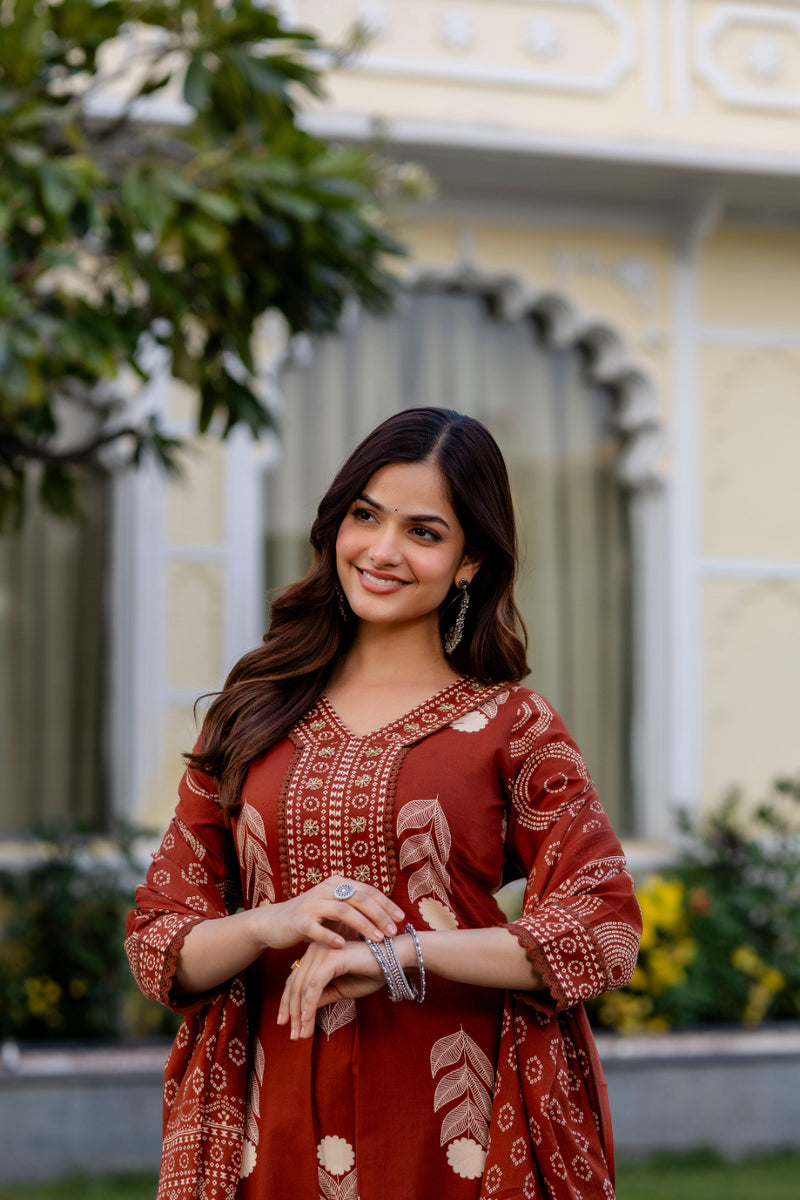 Cotton Aari work Kurta with Palazzo & Dupatta