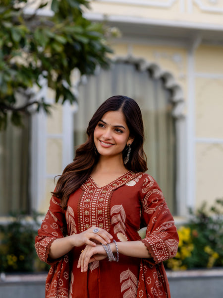Cotton Aari work Kurta with Palazzo & Dupatta