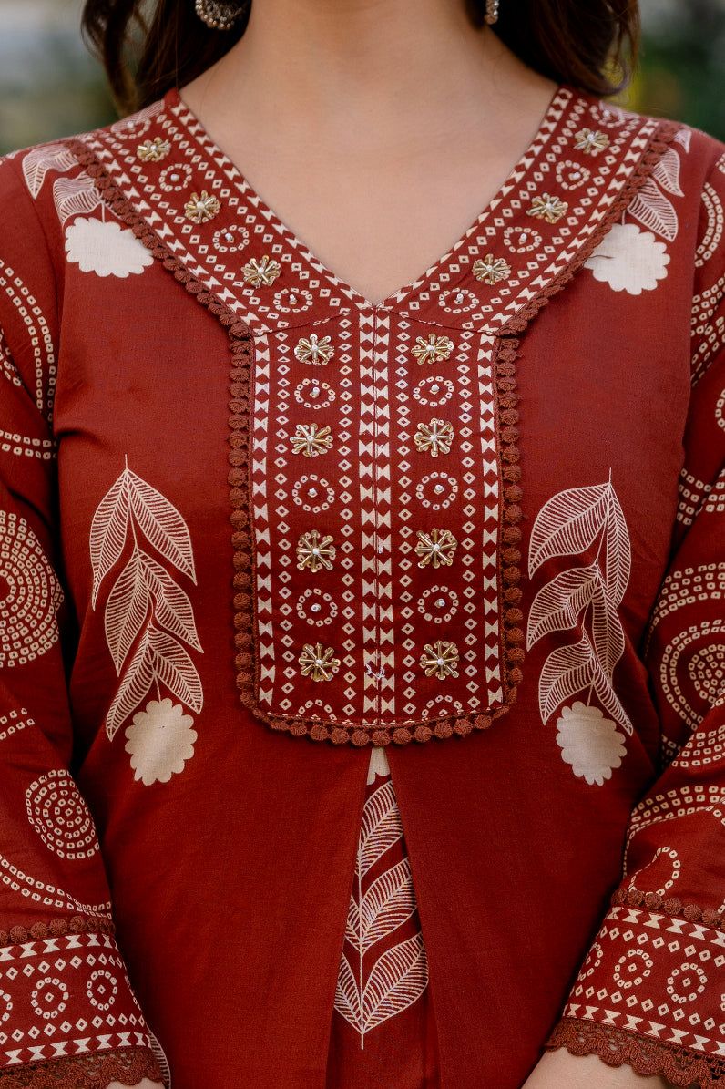 Cotton Aari work Kurta with Palazzo & Dupatta