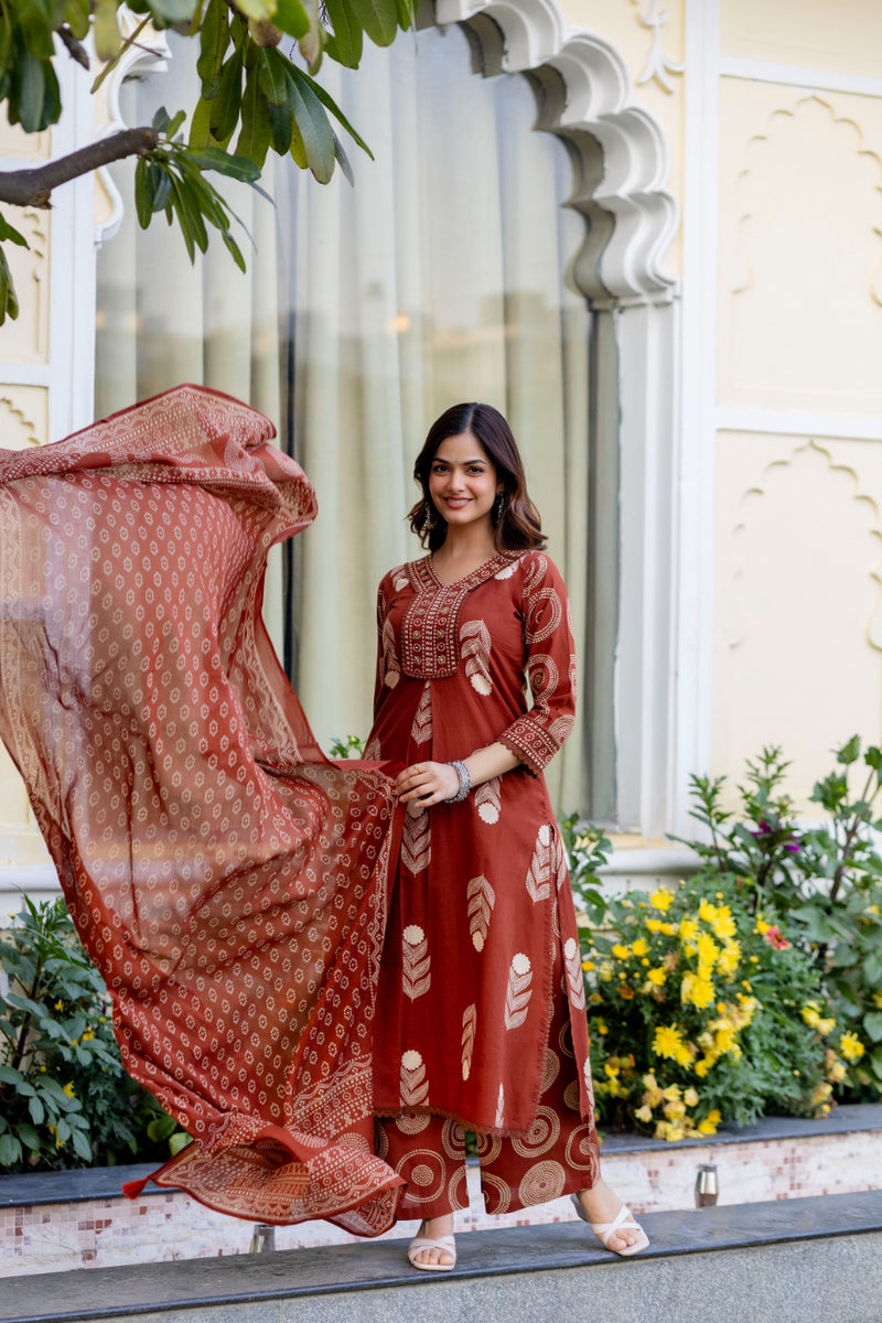 Cotton Aari work Kurta with Palazzo & Dupatta