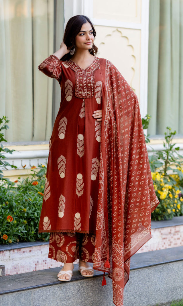 Cotton Aari work Kurta with Palazzo & Dupatta