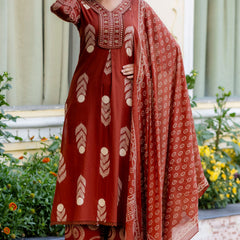 Cotton Aari work Kurta with Palazzo & Dupatta