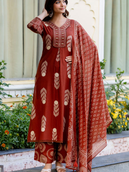 Cotton Aari work Kurta with Palazzo & Dupatta