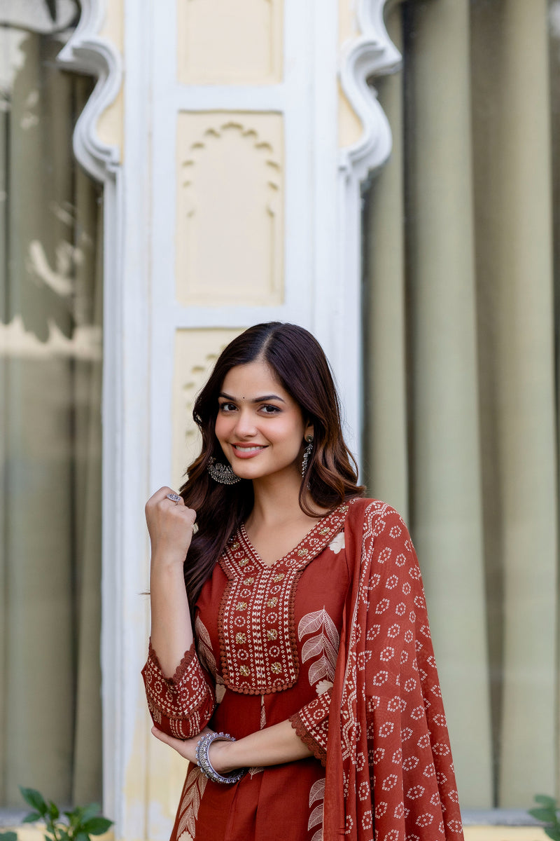 Cotton Aari work Kurta with Palazzo & Dupatta