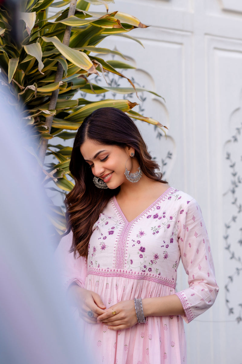 Women Floral Embroidered Tiered Cotton Kurta with Trousers & Dupatta